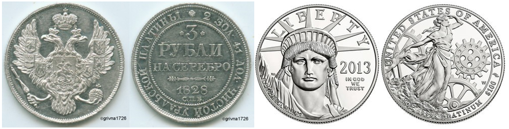 1928 Russia 3-ruble platinum coin vs 2013 United States 100-dollar platinum coin