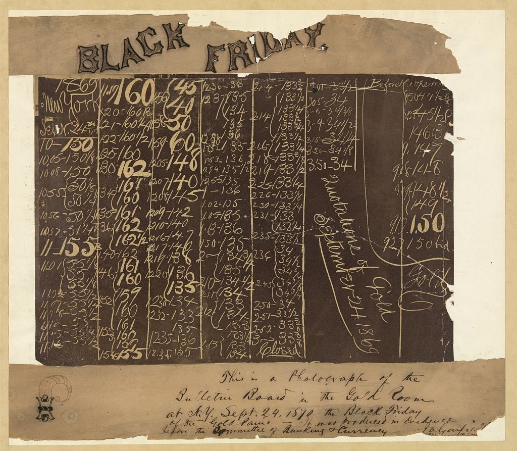 Photograph of the blackboard in the New York Gold Room, September 24, 1869, showing the collapse of the price of gold. 