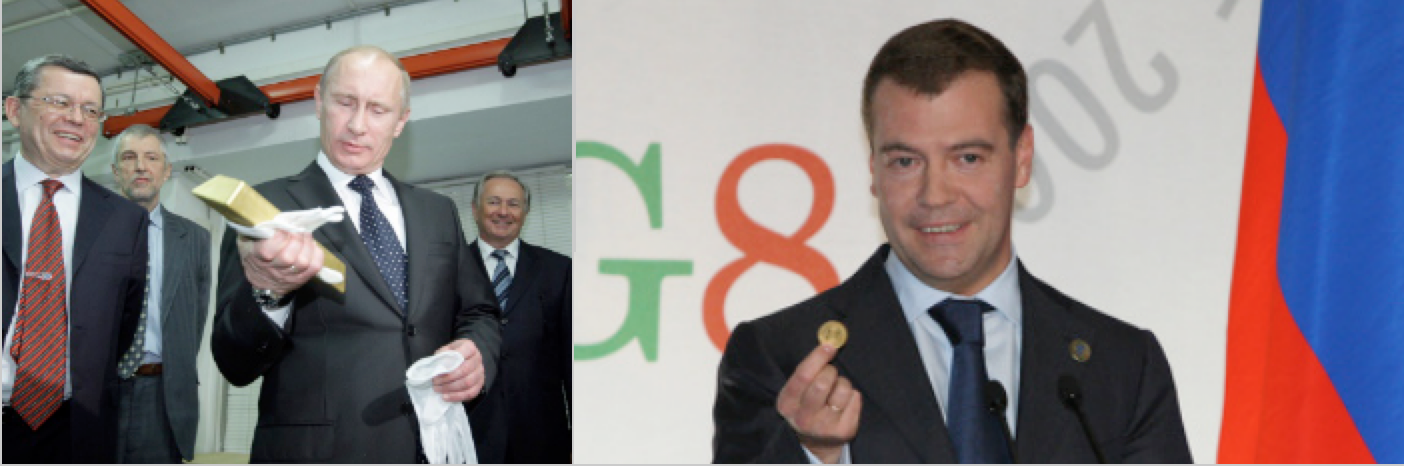 President Vladimir Putin holding a gold bar & Vice President Dimitry Medvedev holding a gold coin