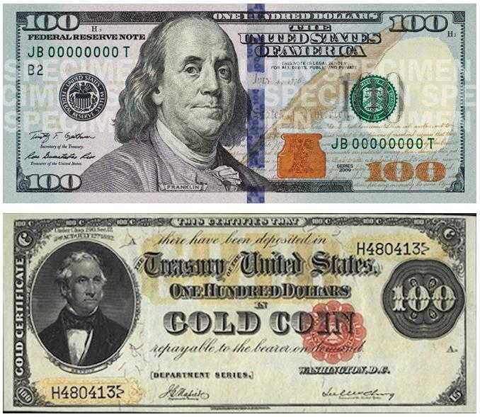 100 US Dollar Note 2014 (backed by faith) vs 100 US Dollar Gold Certificate 1922 (baked by hard asset)